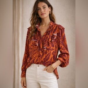 Johanna Ortiz Dreams of Orient Ruffle Bib Blouse Red Orange 4